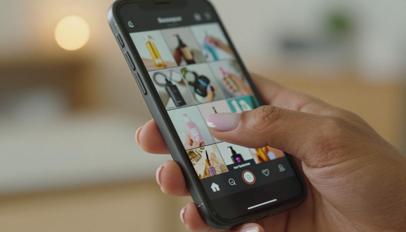 Close-up macro shot of thumb swiping through Instagram product content on smartphone Close-up macro shot of thumb swiping through Instagram product content on smartphone
