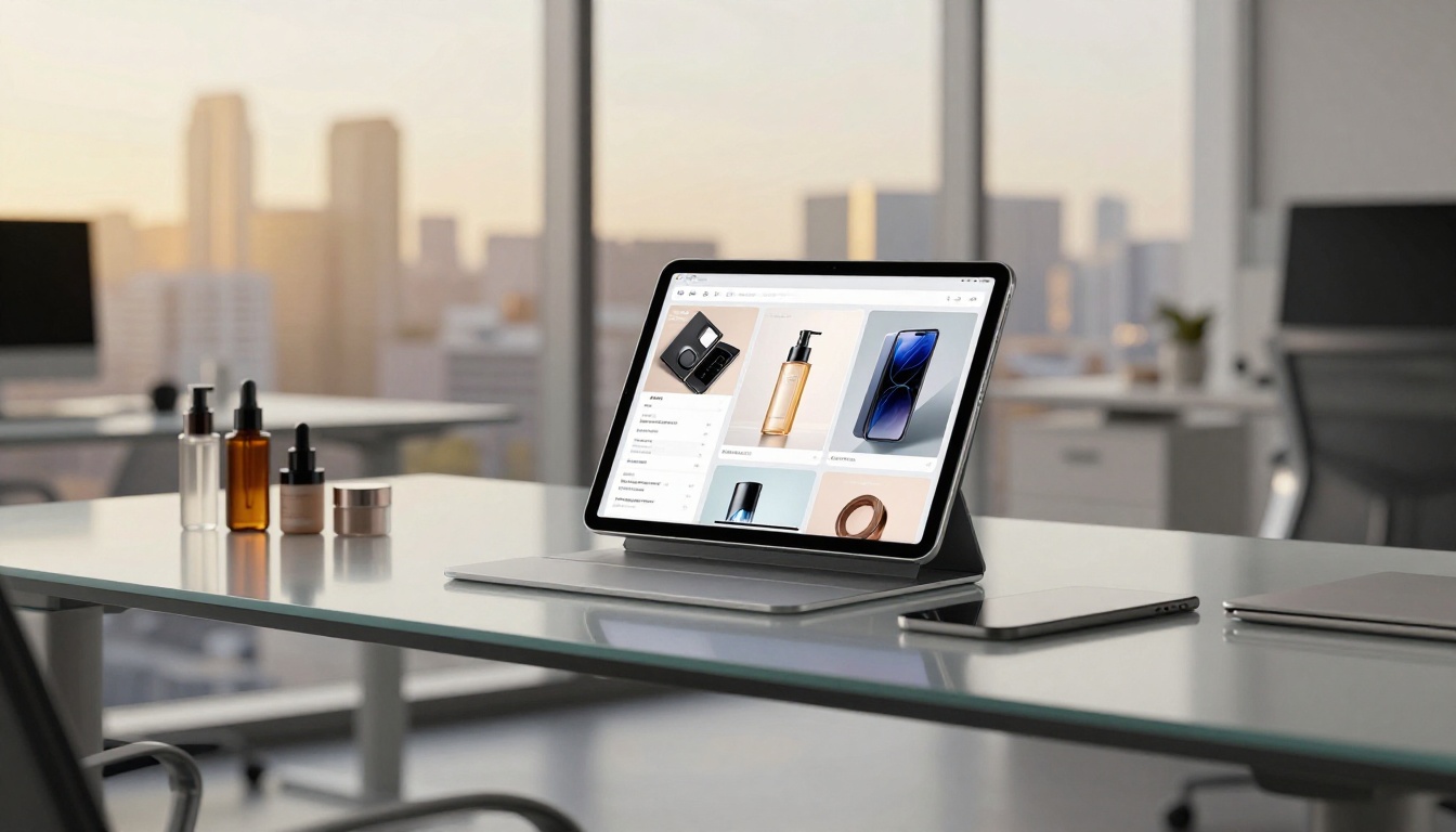 Interactive flipbook catalog on iPad Pro in modern minimalist office with golden city skyline Interactive flipbook catalog on iPad Pro in modern minimalist office with golden city skyline