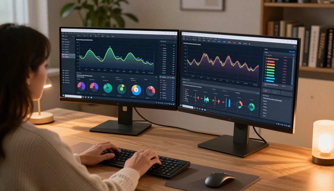 Marketing professional analyzing product launch campaign analytics on dual ultrawide monitors Marketing professional analyzing product launch campaign analytics on dual ultrawide monitors