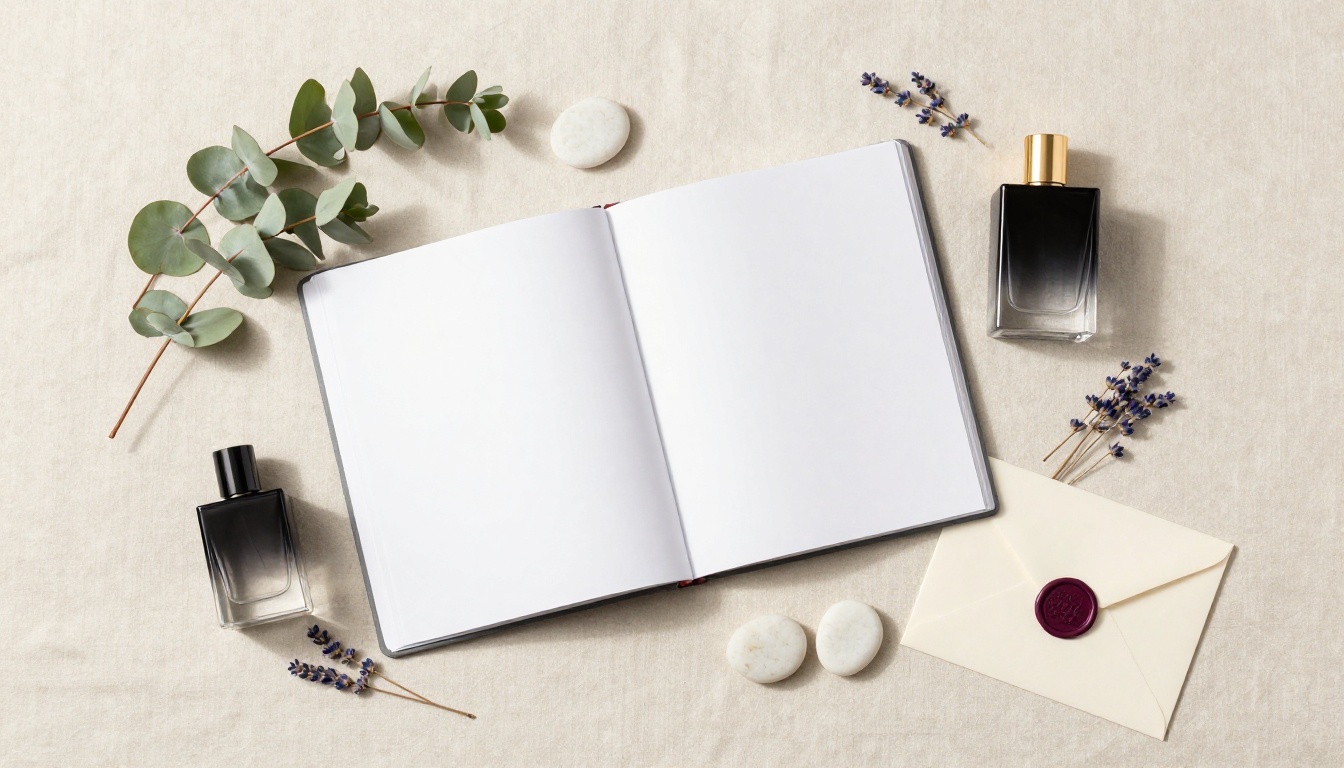 Aerial flat lay of luxury product launch arrangement with flipbook tablet perfume bottle and botanicals