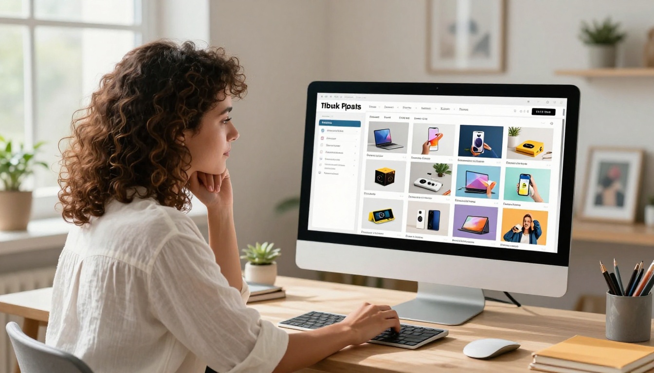 Stylish woman browsing digital product catalog flipbook on large monitor at bright home studio