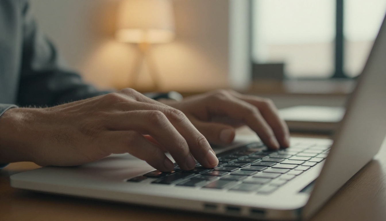 Close-up of a professional's hand clicking a generic share link on a laptop, warm window light casting a glow across the keyboard