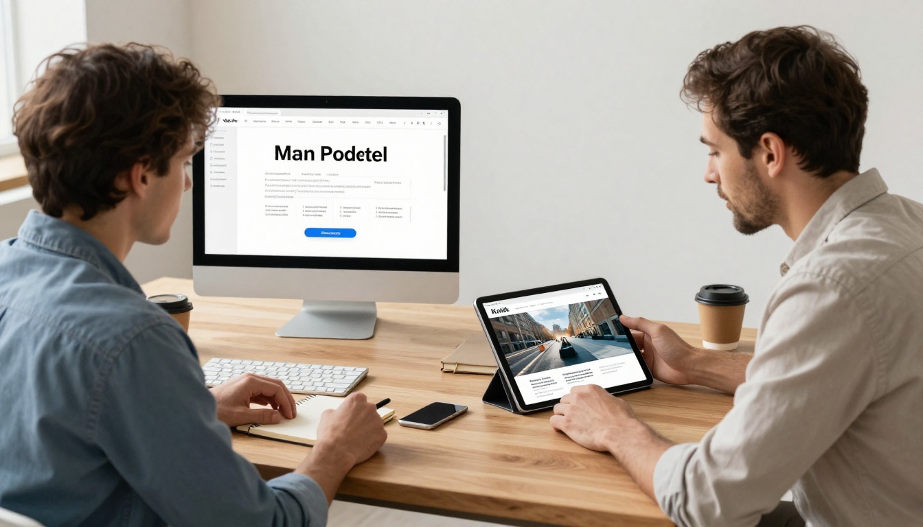 Two business professionals comparing a generic slide deck to an elegant digital flipbook on their respective devices
