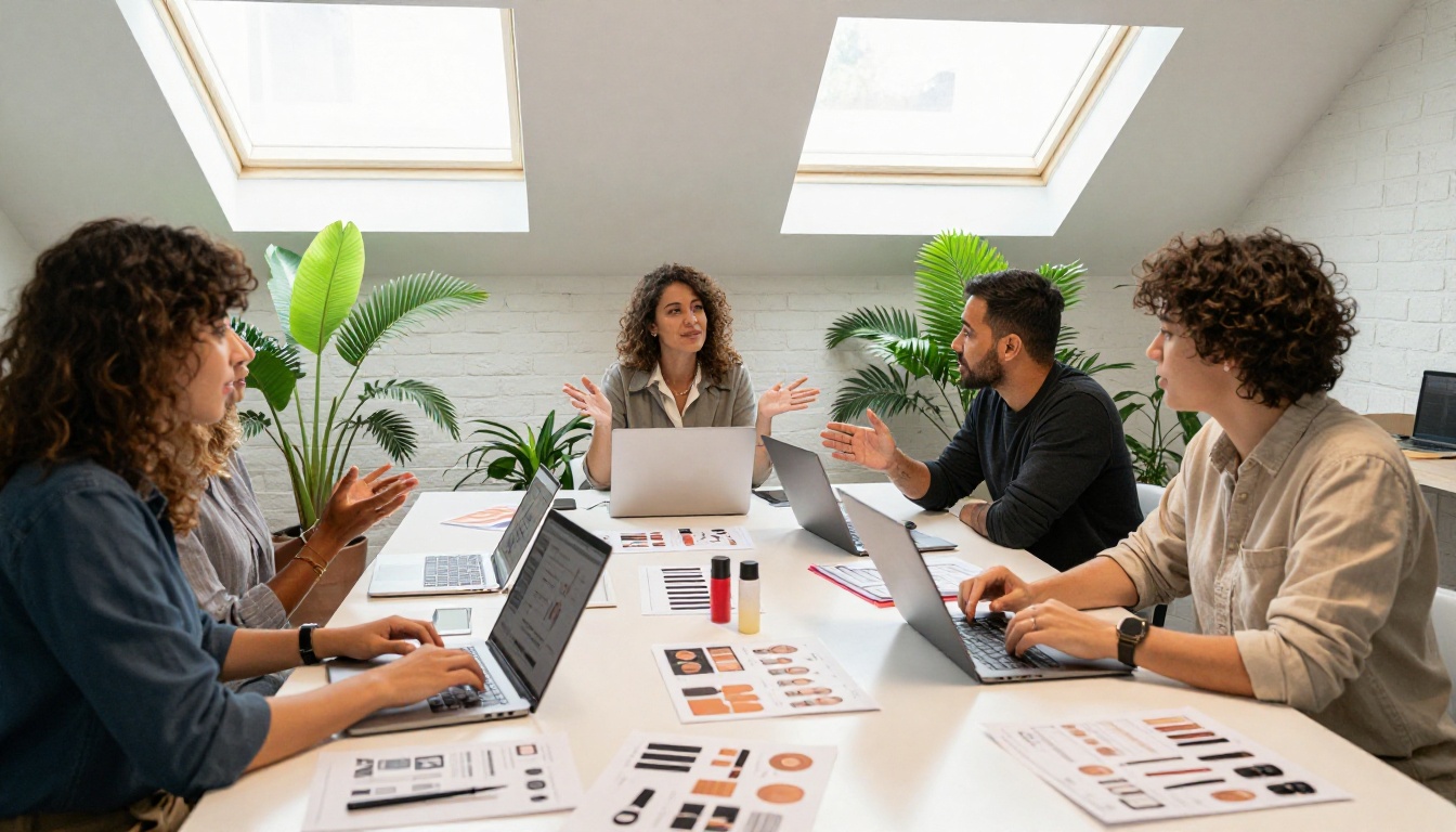 Creative marketing team collaborating on product launch content in a bright open office workspace