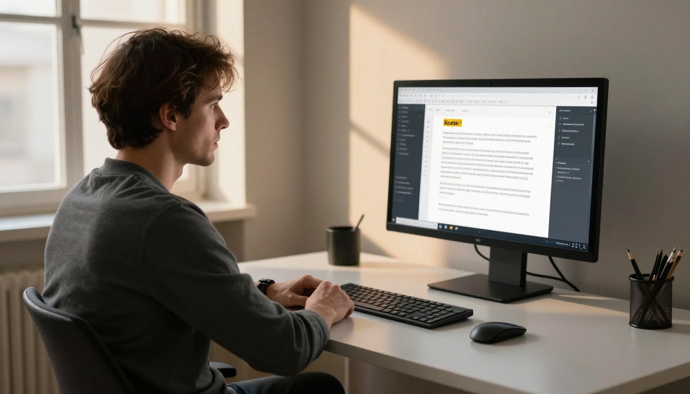 Frustrated client with arms crossed staring at a cluttered slide presentation on a monitor, late afternoon sidelight from the left