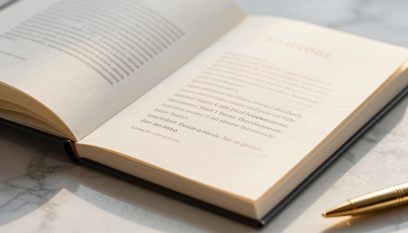 Premium luxury business proposal booklet spread open on white Carrara marble, embossed letterhead and golden afternoon light