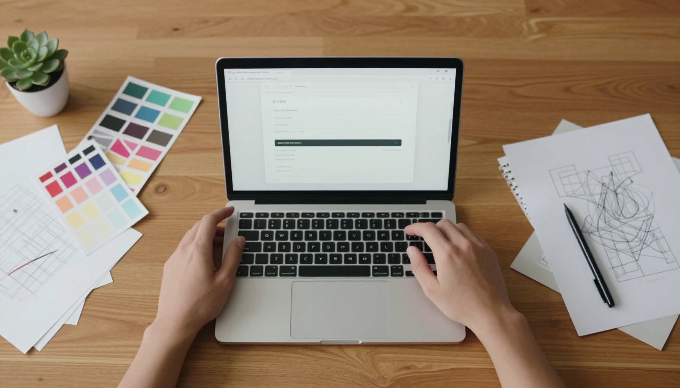 Designer's hands dragging a PDF onto a clean upload interface on a laptop, warm oak studio desk with color swatches and a stylus pen Designer's hands dragging a PDF onto a clean upload interface on a laptop, warm oak studio desk with color swatches and a stylus pen