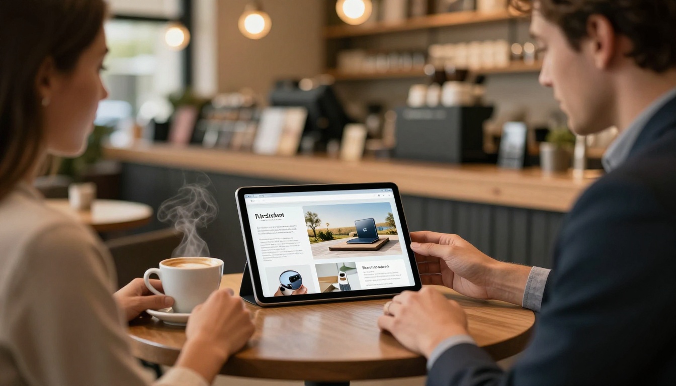 Well-dressed sales professional presenting a polished digital flipbook on a tablet to an attentive client in an upscale coffee shop