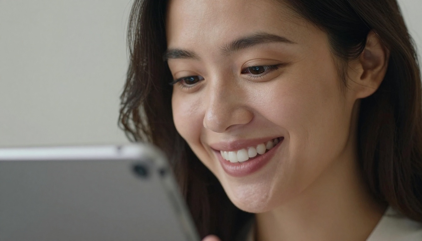 Close-up portrait of a woman with a delighted expression swiping through an interactive flipbook on a premium tablet, soft studio light from upper left Close-up portrait of a woman with a delighted expression swiping through an interactive flipbook on a premium tablet, soft studio light from upper left
