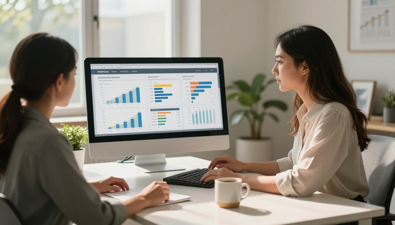 Professional woman reviewing an analytics dashboard on dual monitors in a bright modern home office, warm morning light from the left Professional woman reviewing an analytics dashboard on dual monitors in a bright modern home office, warm morning light from the left