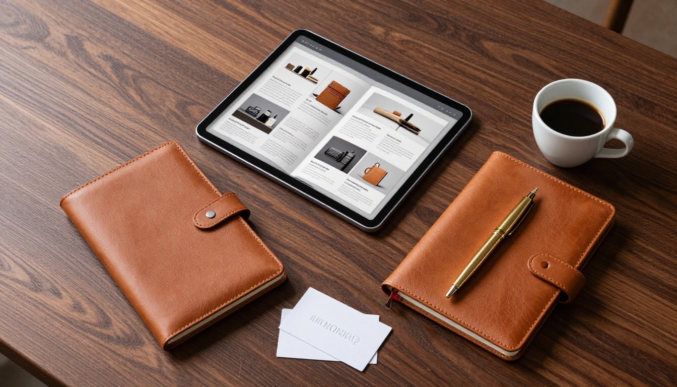 Elegant overhead flat-lay of a tablet with a digital flipbook, leather notebook, gold pen, business cards, and an espresso cup on a dark walnut desk Elegant overhead flat-lay of a tablet with a digital flipbook, leather notebook, gold pen, business cards, and an espresso cup on a dark walnut desk