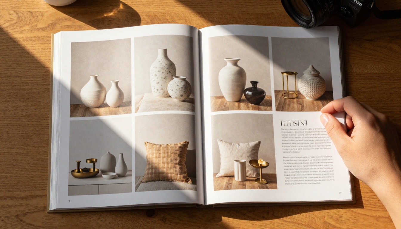 An open glossy product catalog spread on an oak desk with warm afternoon light and a hand turning the page
