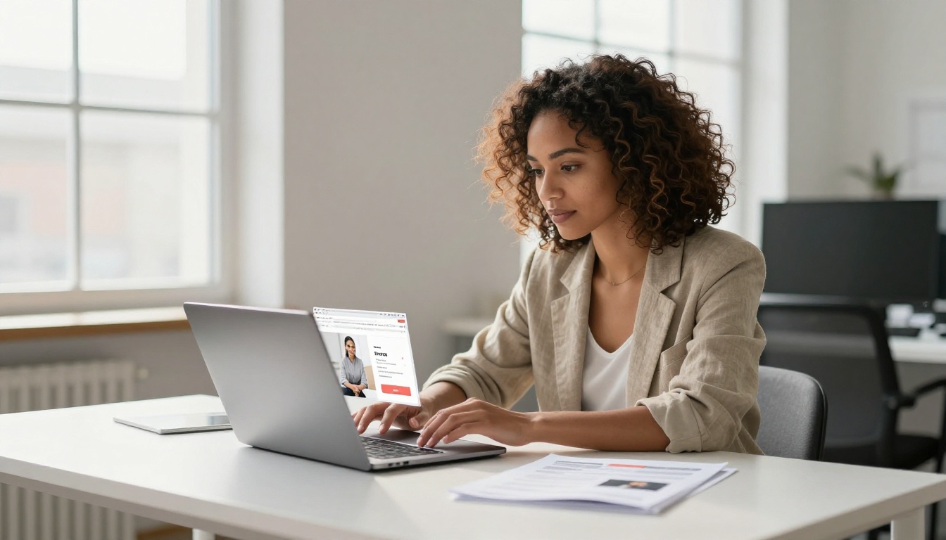 A retail marketing professional reviewing a clean product landing page on her laptop in a modern office