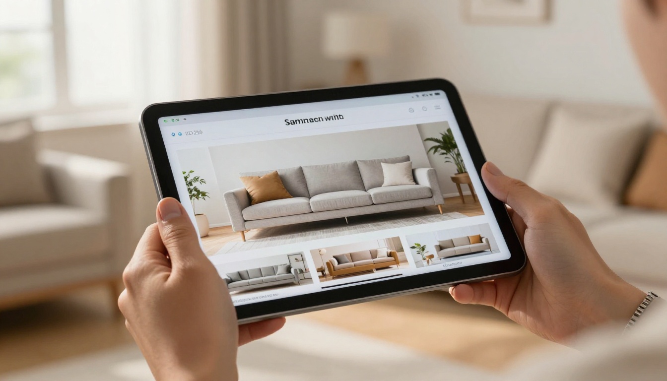 A tablet displaying an interactive flipbook furniture catalog mid page-turn held at a low angle with a living room in the background