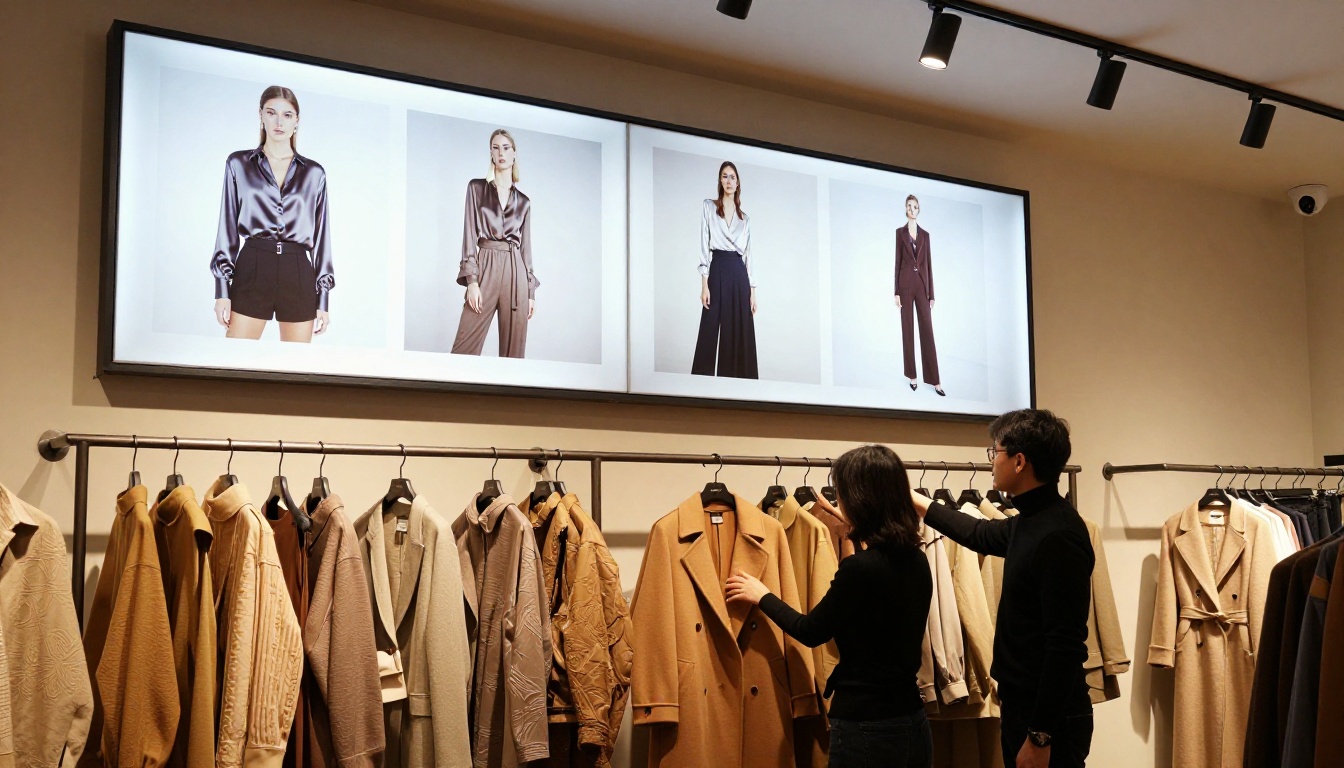 A fashion brand showroom with a digital flipbook displayed on a wall-mounted screen and a client reviewing the collection A fashion brand showroom with a digital flipbook displayed on a wall-mounted screen and a client reviewing the collection