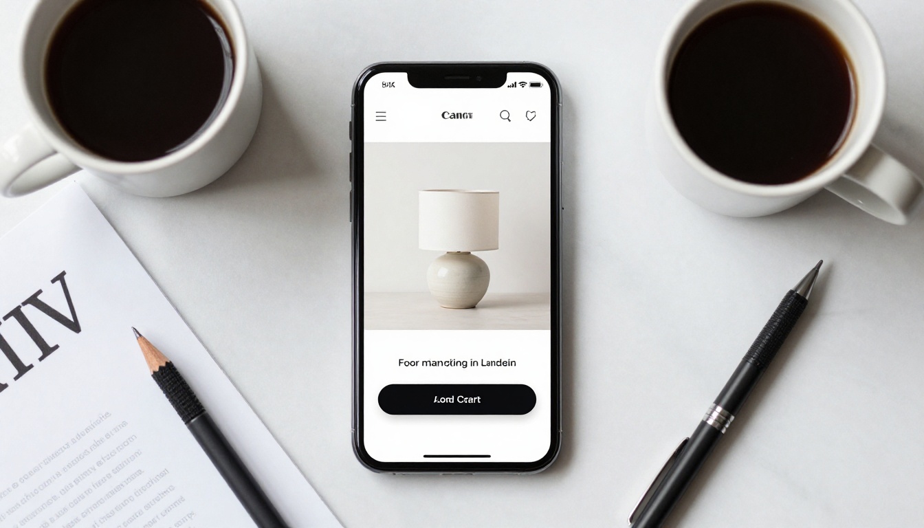 A flat-lay overhead shot on white marble with a smartphone showing a product landing page beside a coffee cup and pencil