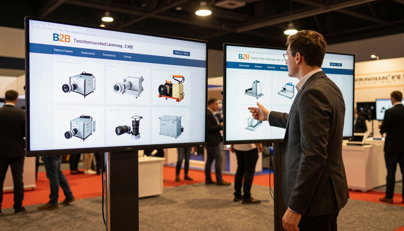 A B2B trade show booth with two large screens showing a landing page and an interactive flipbook catalog while a salesperson closes a deal A B2B trade show booth with two large screens showing a landing page and an interactive flipbook catalog while a salesperson closes a deal