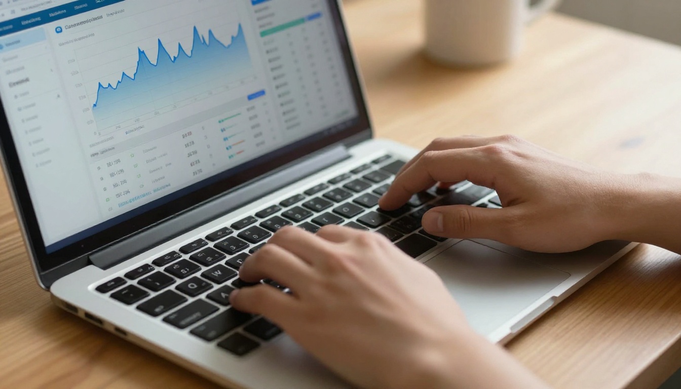 Close-up of hands typing on a laptop showing a web analytics dashboard with conversion rate graphs and traffic source charts Close-up of hands typing on a laptop showing a web analytics dashboard with conversion rate graphs and traffic source charts