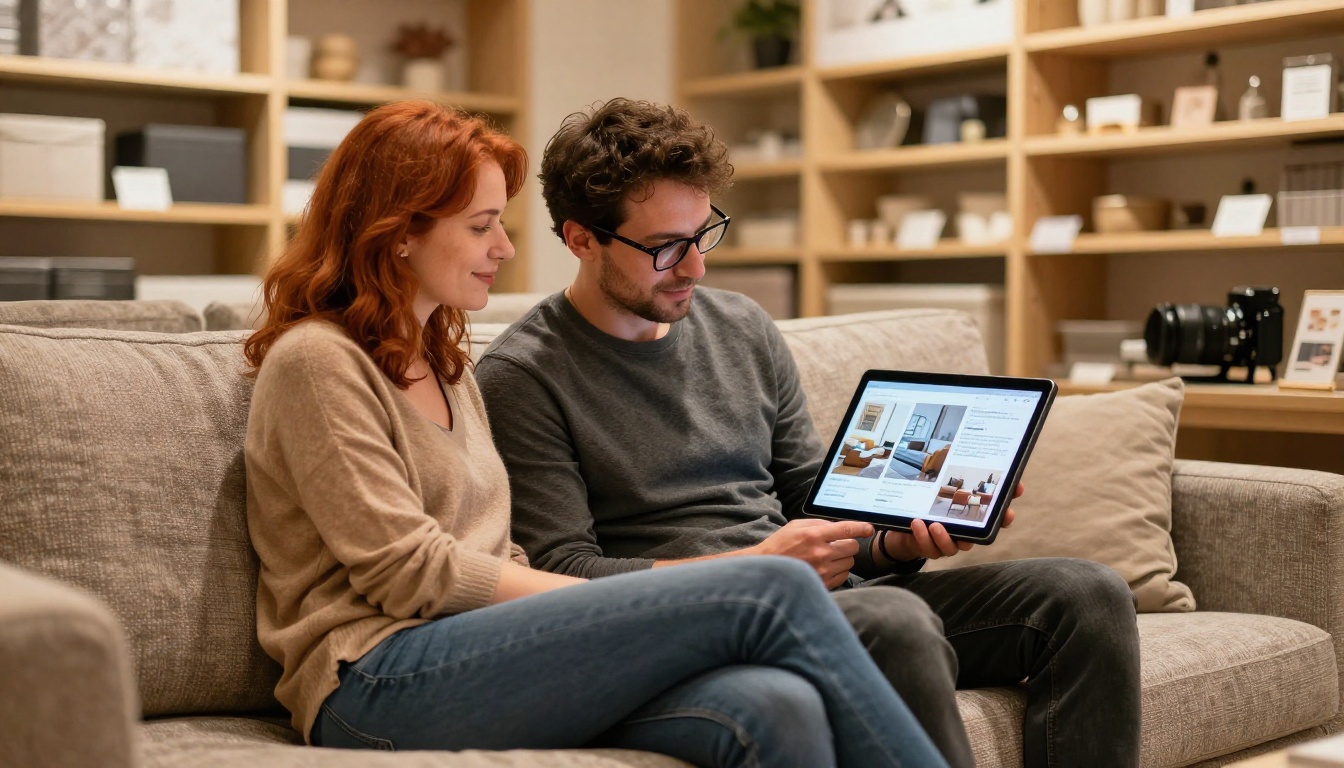 A couple browsing an interactive flipbook furniture catalog on a tablet while sitting on a display sofa in a warm retail store A couple browsing an interactive flipbook furniture catalog on a tablet while sitting on a display sofa in a warm retail store