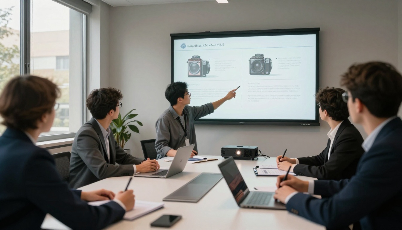 A digital marketing team in a glass-walled conference room comparing two product catalog formats on a projected screen