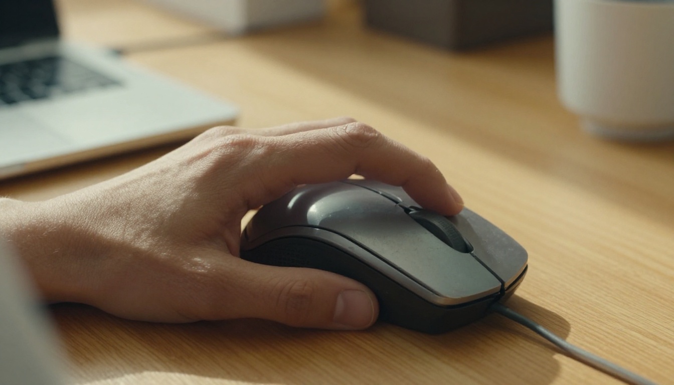 Close-up of hand on mouse scroll wheel, fingers tensed mid-scroll on warm oak desk