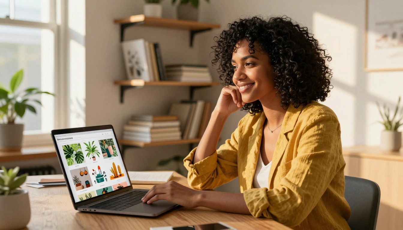 A woman entrepreneur in a yellow linen blazer smiling at her laptop showing a newly published flipbook product catalog in a bright creative studio A woman entrepreneur in a yellow linen blazer smiling at her laptop showing a newly published flipbook product catalog in a bright creative studio