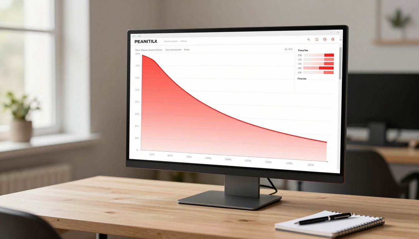Analytics dashboard showing steep reader drop-off curve at midpoint on monitor