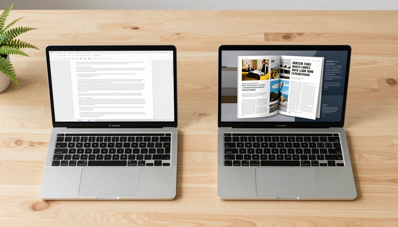 Two laptops from aerial view: left showing dense scrolling PDF, right showing vivid interactive flipbook