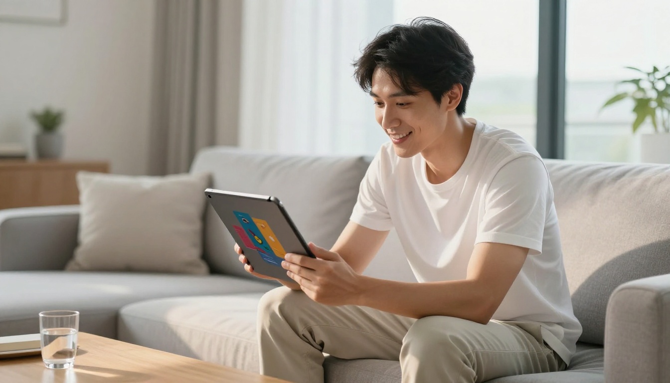 Young man genuinely engaged with vivid colorful interactive flipbook on tablet, warm morning light