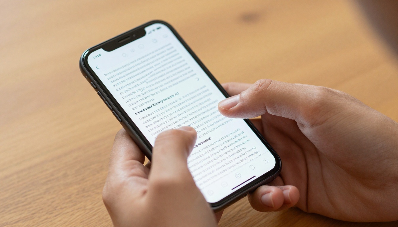 Person pinching and zooming on dense PDF text on smartphone, fingers blurred from frustration