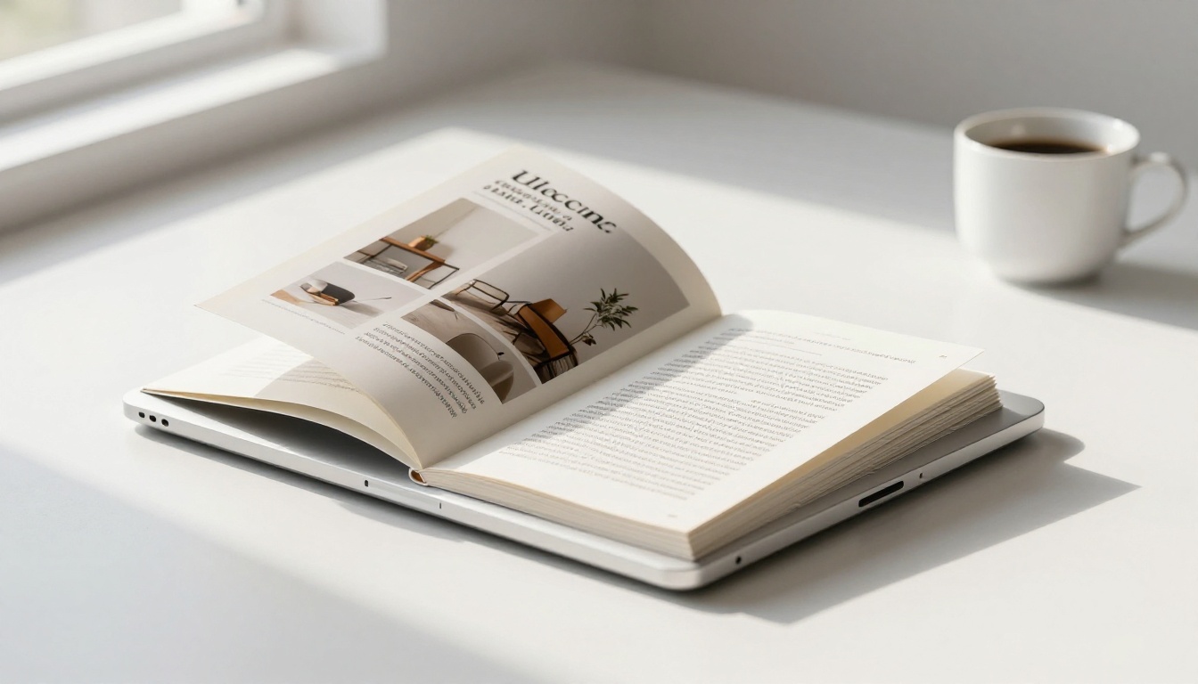 Sleek laptop on white desk showing interactive flipbook page caught mid-turn, vivid editorial layout visible beneath Sleek laptop on white desk showing interactive flipbook page caught mid-turn, vivid editorial layout visible beneath