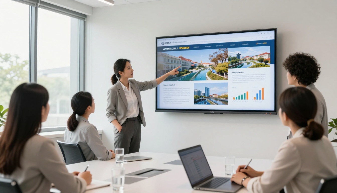 Professional business team in modern conference room viewing interactive flipbook on presentation screen, natural daylight Professional business team in modern conference room viewing interactive flipbook on presentation screen, natural daylight