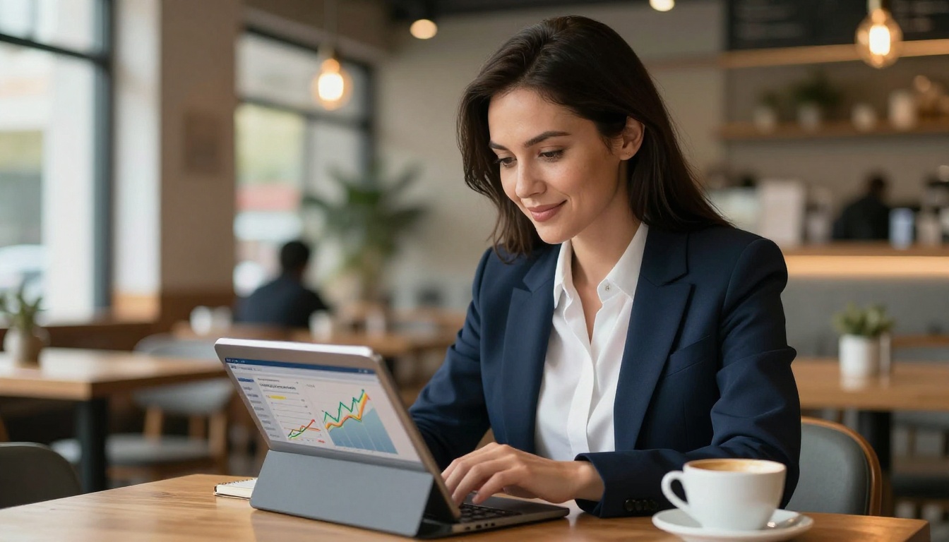 Confident businesswoman reviewing strong upward analytics on tablet at warm cafe workspace, satisfied expression Confident businesswoman reviewing strong upward analytics on tablet at warm cafe workspace, satisfied expression