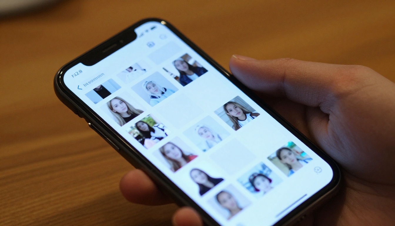 Close-up of hand holding smartphone displaying compressed, pixelated chat photos in messaging app