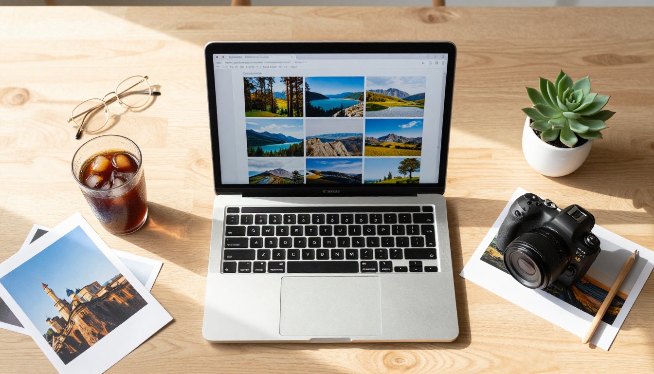 Overhead aerial flat-lay of laptop showing organized digital photo gallery surrounded by printed photographs, iced coffee, and reading glasses