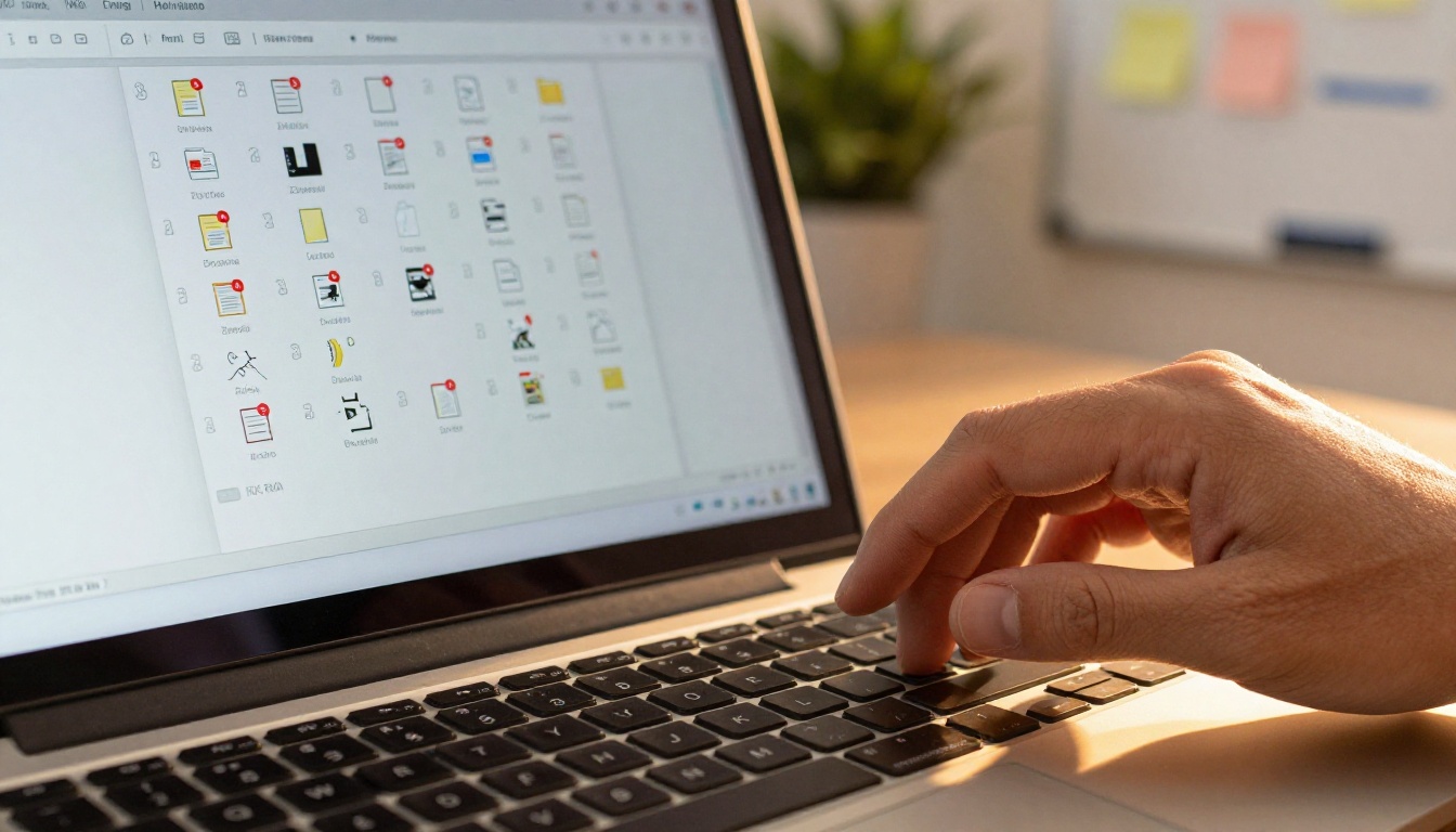 Scattered zip files and error icons on a laptop screen with a hand resting in resignation