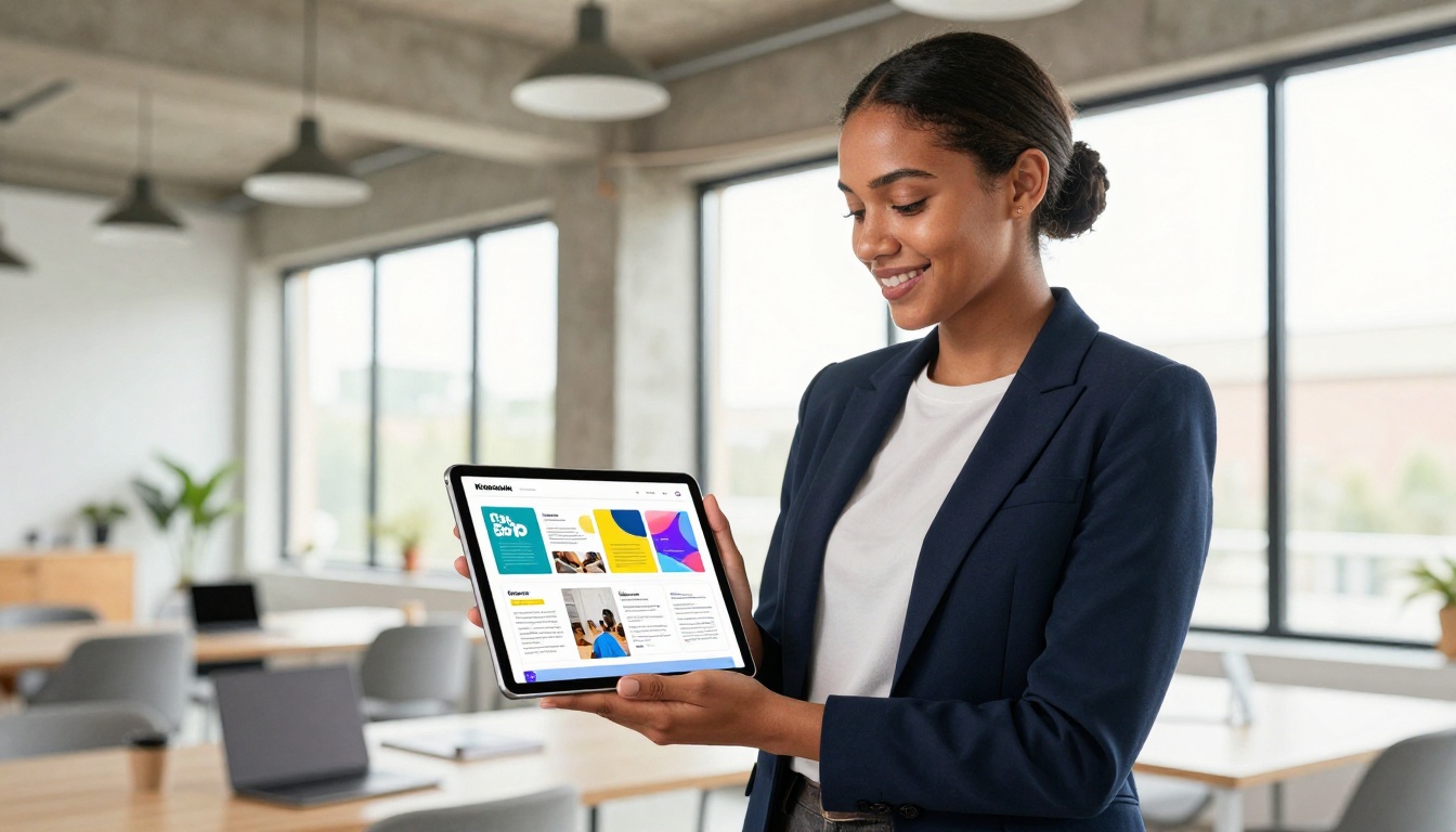 Confident professional woman sharing a vibrant interactive digital document on a tablet in a bright modern coworking space with exposed concrete ceilings