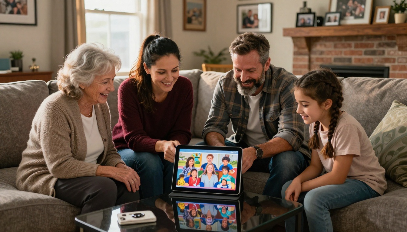 Multigenerational family gathered on a plush gray sectional sofa, sharing a colorful flipbook photo album together on a tablet with expressions of warmth and laughter