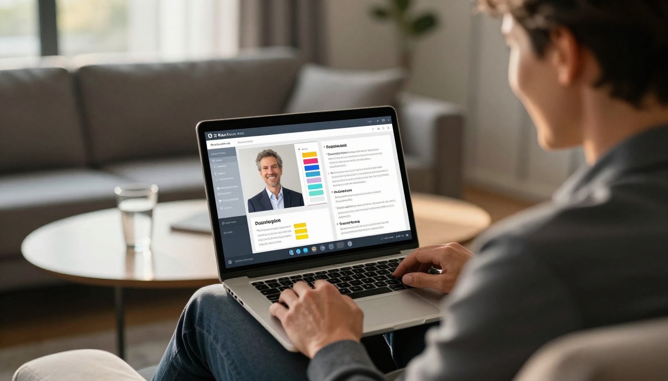 Smiling client in business casual attire seated comfortably viewing a professional digital flipbook on a laptop in warm afternoon light