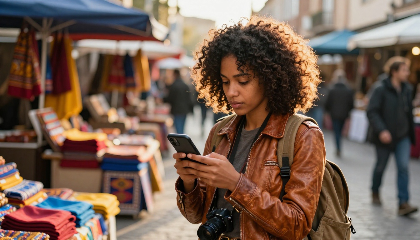 Young woman travel photographer with rich dark skin and natural curls reviewing travel photos on smartphone at a vibrant golden-lit outdoor market