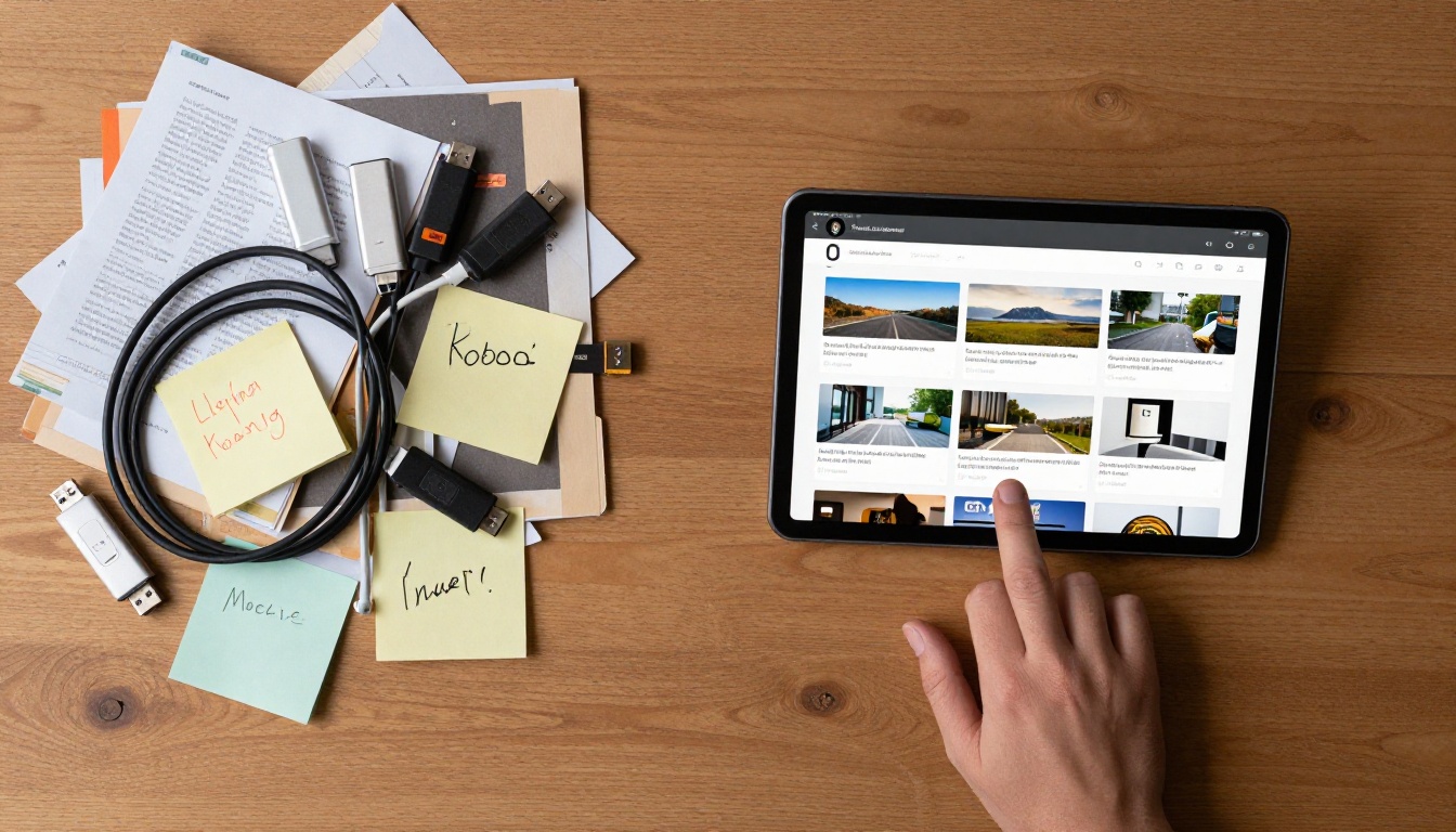 Aerial flat-lay of chaotic desk with USB drives, printed folders, sticky notes on the left versus a single clean tablet with digital document on the right