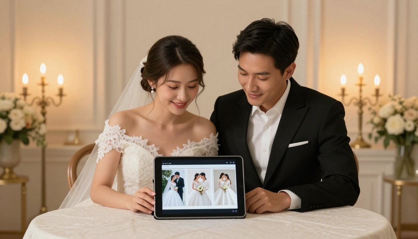 Elegant newlywed couple in formal attire reviewing stunning wedding photos together on an iPad displaying a beautifully designed digital flipbook album