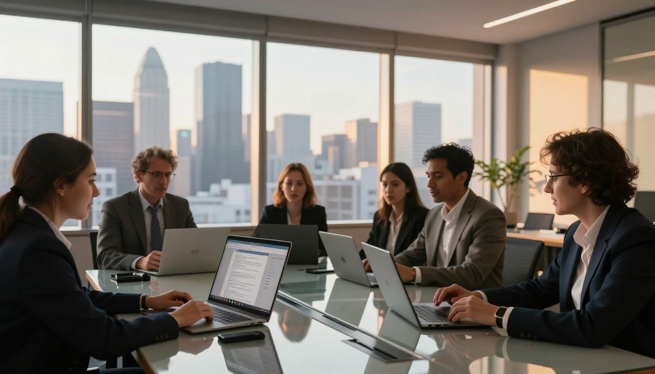 Diverse remote team collaborating around a conference table with multiple screens showing shared digital documents, city skyline visible through glass walls
