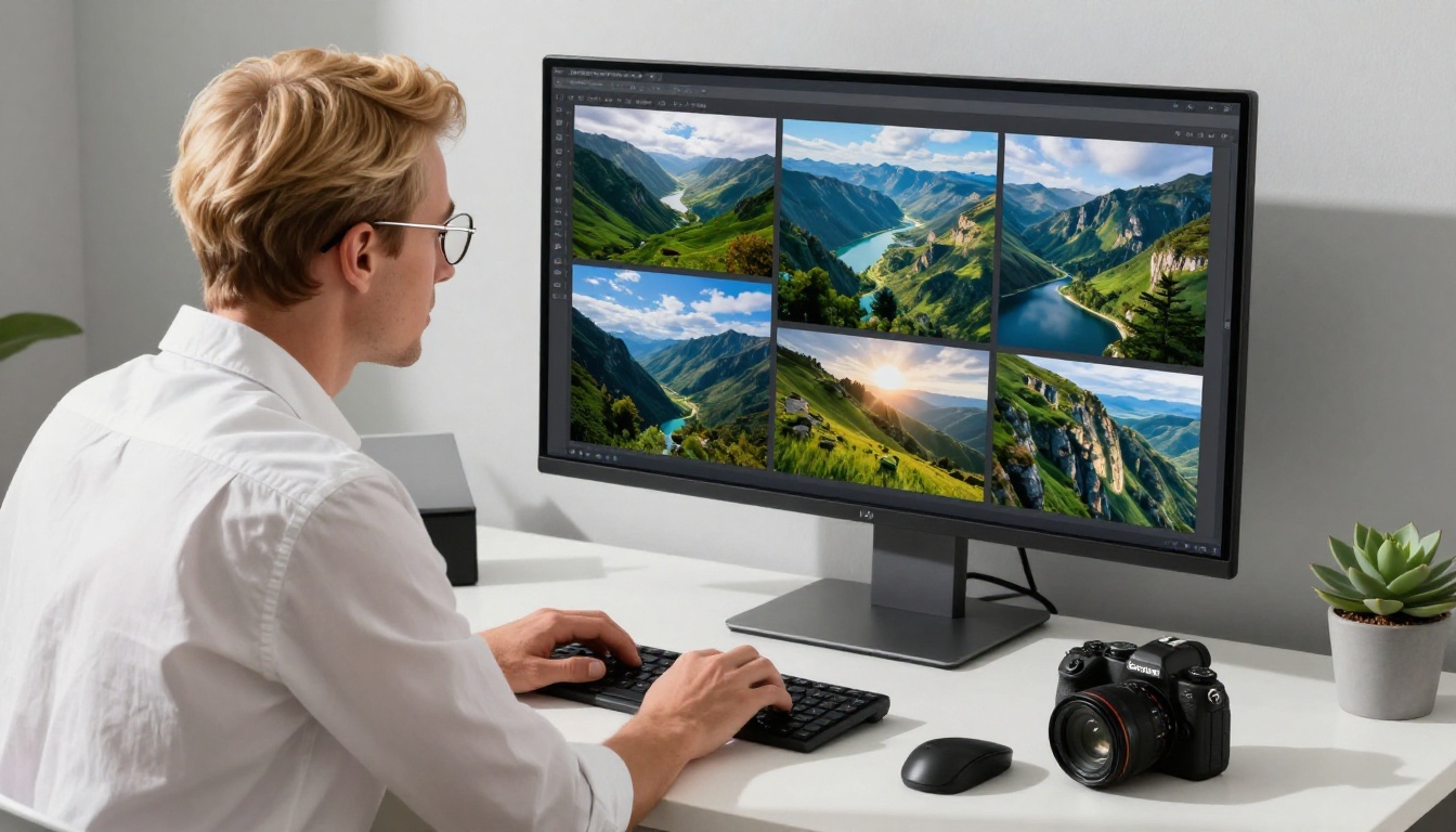 Professional photographer with short blonde hair and glasses reviewing a stunning landscape photography portfolio on a large curved monitor at a minimalist desk