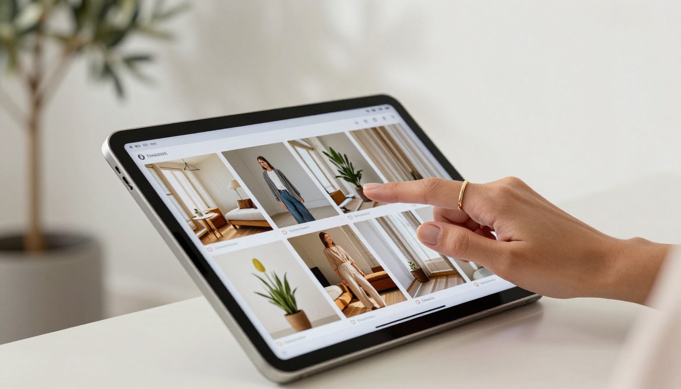 Professional woman's hands elegantly swiping through a digital portfolio flipbook on a large iPad Pro with an olive tree softly blurred in the background