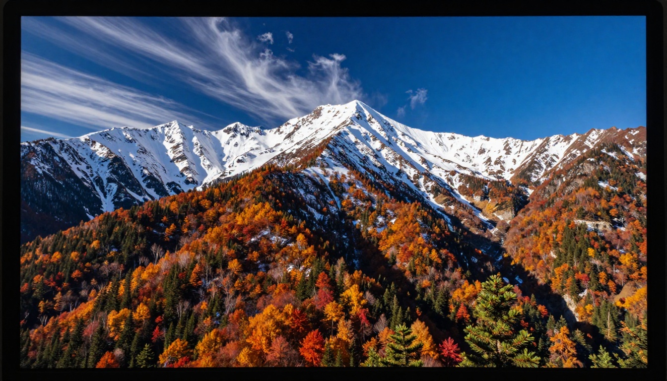 Extreme macro close-up of a professional high-resolution monitor displaying a breathtakingly sharp mountain landscape photograph with perfect color fidelity and zero compression