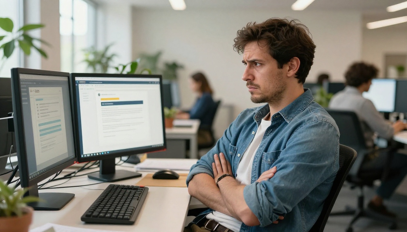 Frustrated male professional with crossed arms staring at email bounce notification on dual monitors in open-plan office