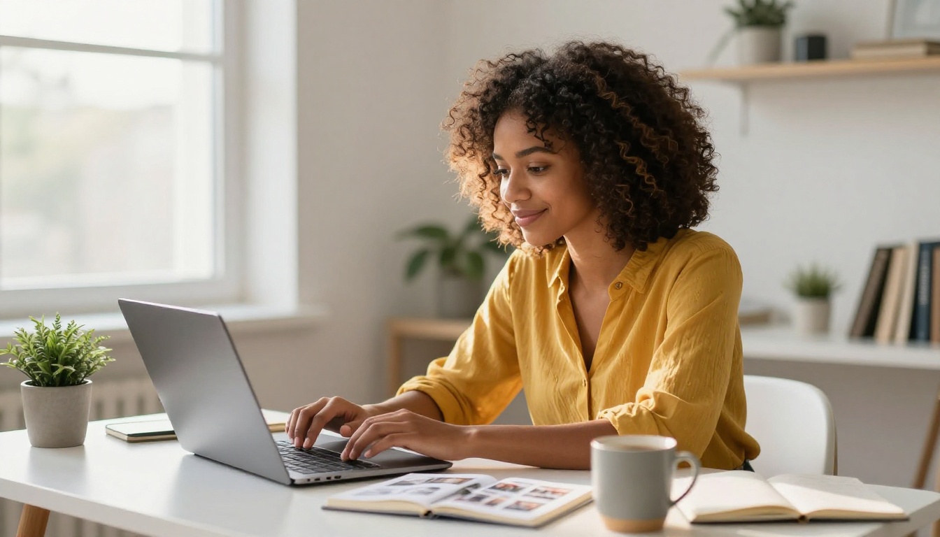 Young creative professional with warm brown skin and natural curls in a mustard blouse designing a digital flipbook photo album on a laptop at a bright minimalist home office