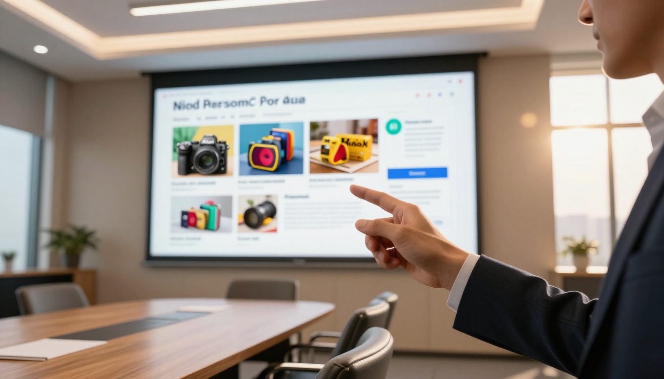 Marketing professional presenting a colorful digital brochure on a wall-mounted screen in a bright conference room with floor-to-ceiling windows