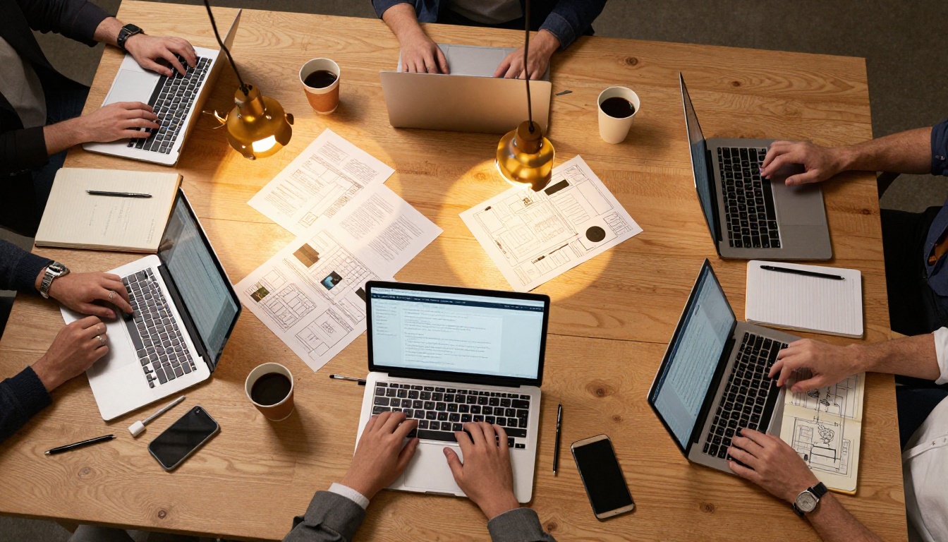 Aerial overhead view of a creative agency workspace with open laptops, notebooks, coffee cups, pens, and hands mid-work under warm pendant lighting